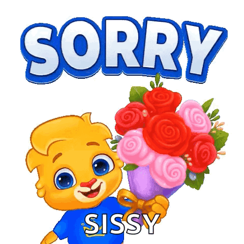 A cartoon bear presents a rose bouquet beneath big blue “SORRY” text.