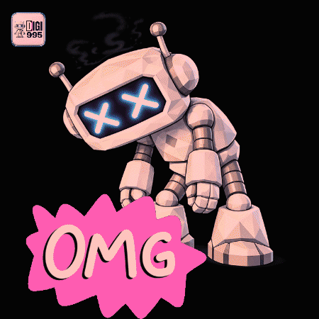 A pink robot with X eyes leans over bright “OMG” text.