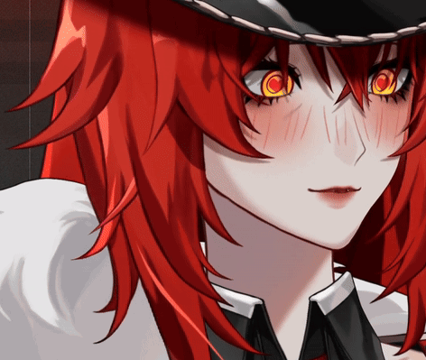 a close up of a anime character with red hair