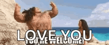 Maui from Moana performs on a sunny beach with large “YOU’RE WELCOME” subtitles.