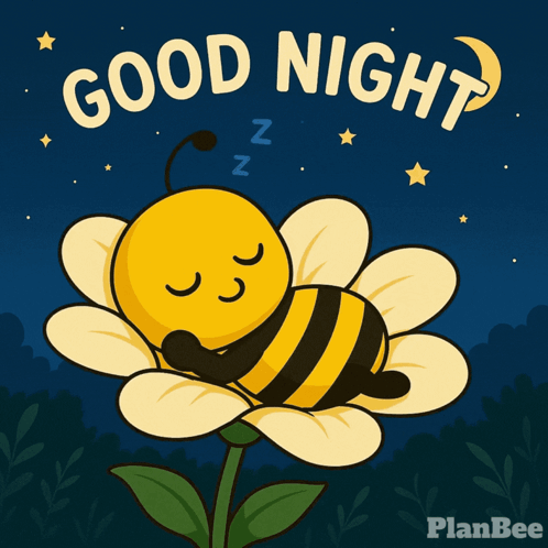 an illustration of a bee sleeping on a flower with the words good night written above it
