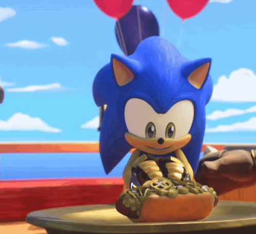 sonic the hedgehog eating a hot dog with balloons behind him