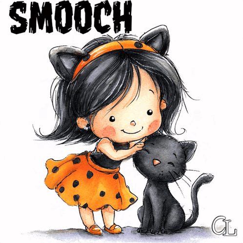 a little girl petting a black cat with the word smooch written above her