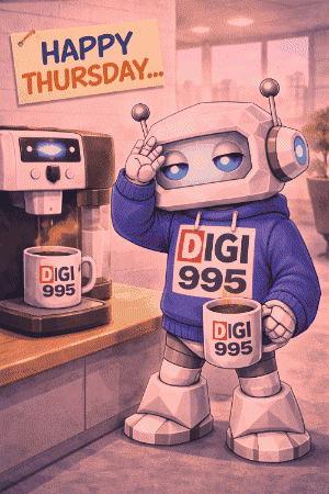 a robot is holding a cup of coffee and wearing a digi 995 sweater