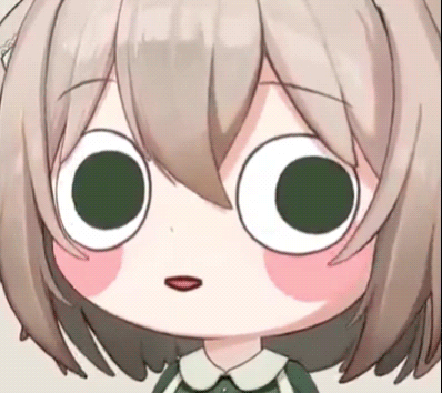 A chibi character with huge green eyes blushes softly.
