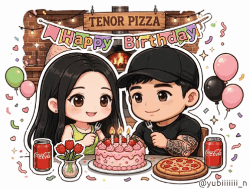a cartoon drawing of a man and a woman celebrating their birthday at tenor pizza