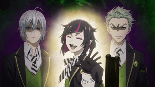 a group of anime characters are standing next to each other and one of them is smiling
