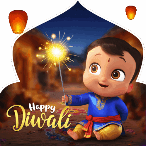 a baby boy is holding a sparkler with the words happy diwali written above him