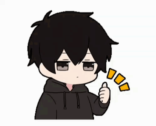 A black-haired anime character in a hoodie gives a small thumbs up.