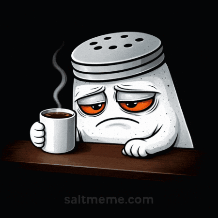 a salt shaker is sitting at a table with a cup of coffee
