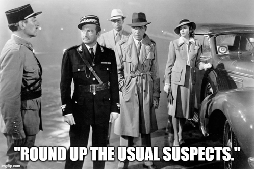 a black and white photo of a group of people with the caption round up the usual suspects