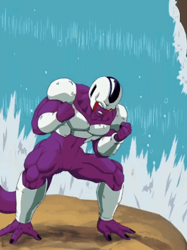 a purple and white cartoon character is standing in front of a blue background