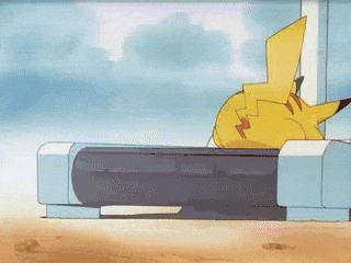 Pikachu falls backward off a treadmill-like machine.