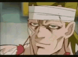 a man with a bandage on his head is looking at the camera in a cartoon .
