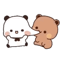 A small panda-like cartoon character touches a brown bear’s cheek.