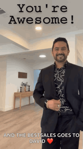 A man stands under “You’re awesome!” with small real-estate text.