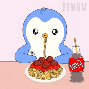 a blue penguin is eating spaghetti and meatballs next to a bottle of soda
