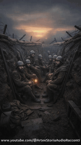a group of soldiers sitting in a trench with a lantern
