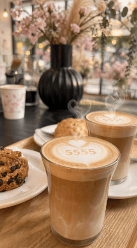 two glasses of cappuccino with the number 555 on the top