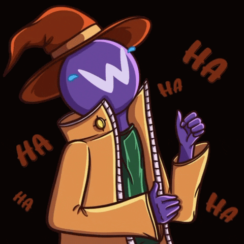 a cartoon character with a purple w on his head laughs
