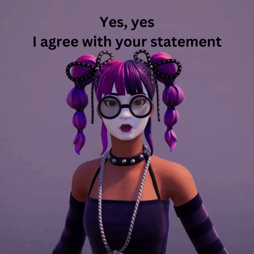 a girl with purple hair and glasses says yes
