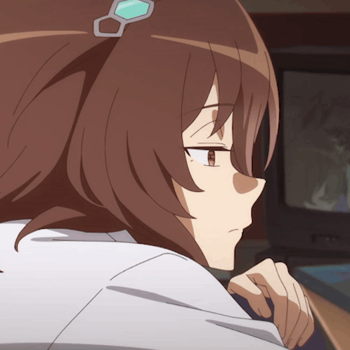 A brown-haired anime girl looks sideways with a tired, quiet expression.