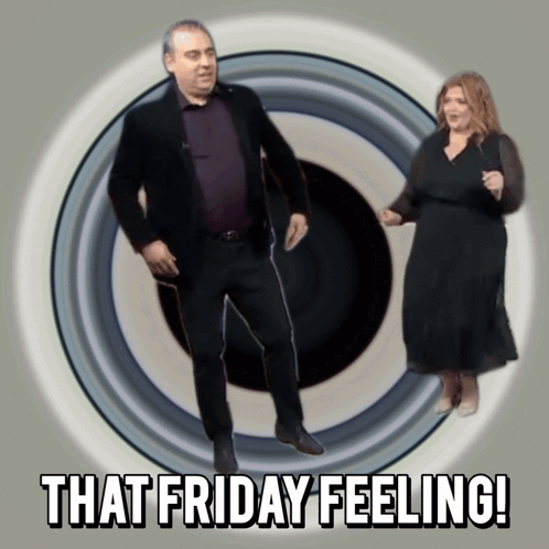 a man and a woman are dancing in front of a target and the words that friday feeling