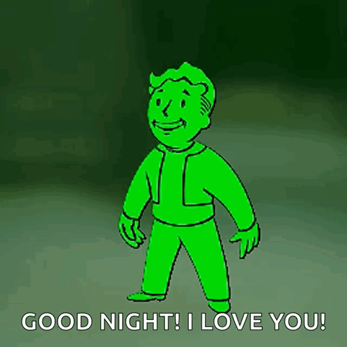a green cartoon character is pointing at the camera and saying `` good night ! i love you ! ''