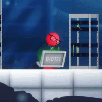 a red stick figure with glasses sits at a desk with a laptop that says biotec