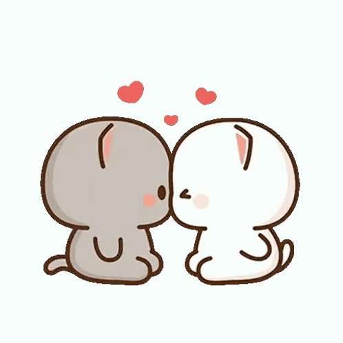 Two small cartoon animals touch noses with red hearts floating above them.