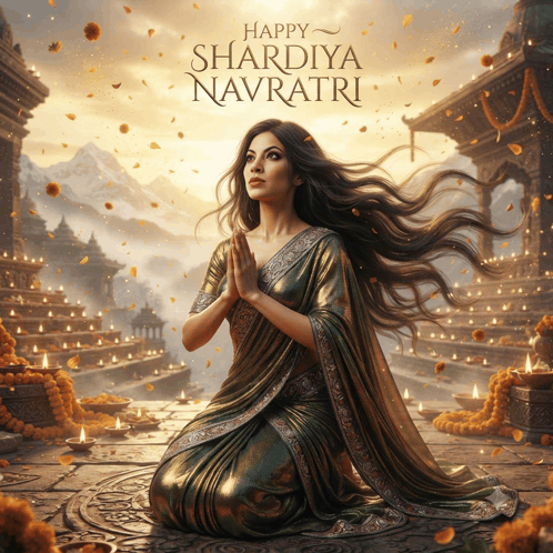 a painting of a woman kneeling down with the words happy shardiya navratri above her