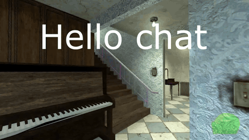 a room with a piano and stairs and the words hello chat written on the wall