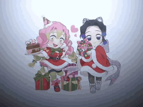 two anime girls dressed in santa costumes are holding presents
