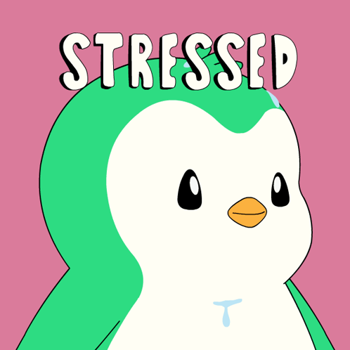a cartoon of a penguin with the word stressed written on it