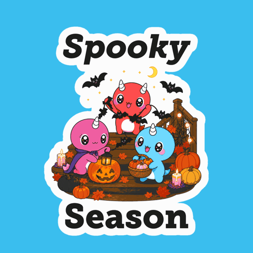 a sticker that says spooky season with three monsters on it