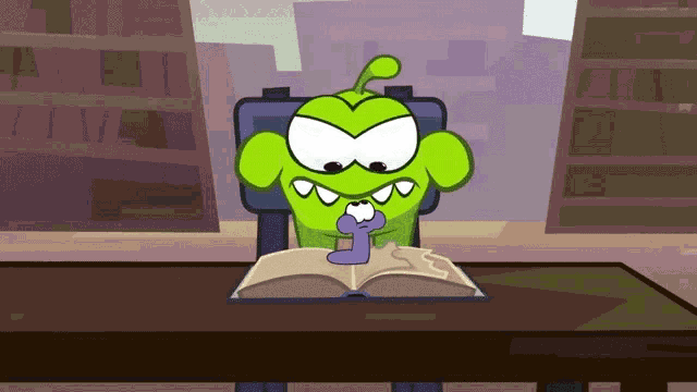 a cartoon character is sitting at a table reading a book