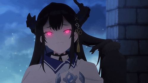 a girl with red eyes has the letters x and g on her neck