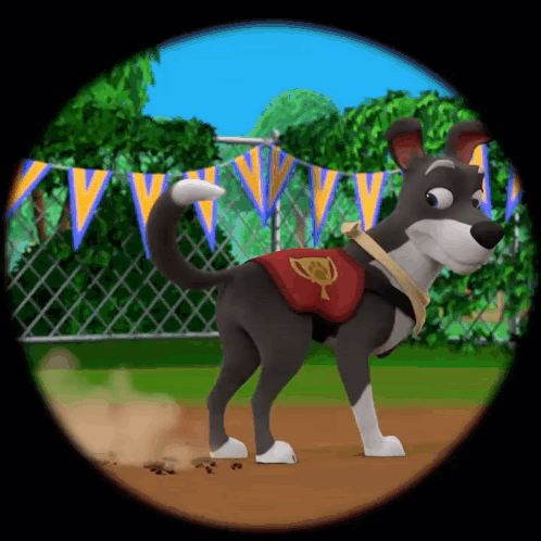 a cartoon dog is wearing a red saddle with a gold trophy on it