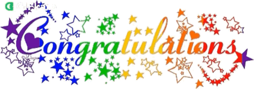 Rainbow stars surround cursive blue and green “Congratulations” lettering.