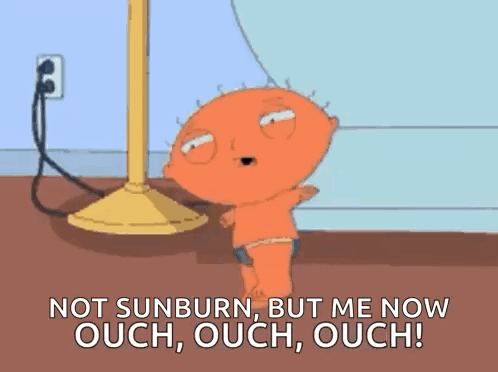 Stewie Griffin moves painfully beside a lamp with repeated “OUCH” captions.