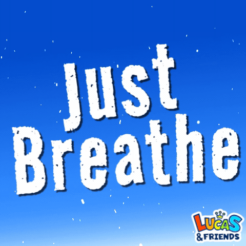 Bold white lettering on a blue starry background reads “Just Breathe.”