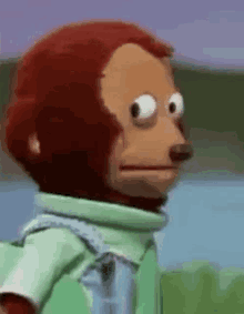 A monkey puppet turns its head with an awkward, uncertain look.