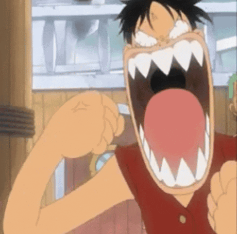 Monkey D. Luffy screams with an exaggerated open mouth.