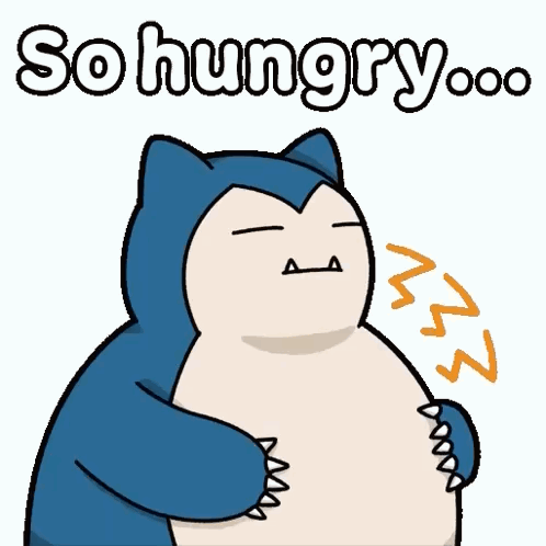 Snorlax clutches its belly below “So hungry…”