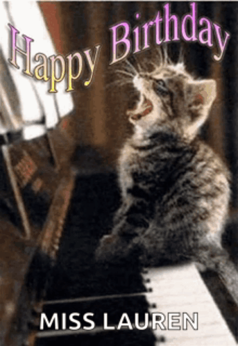 a birthday card with a kitten playing a piano