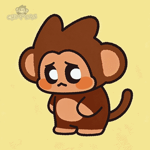 A small sad cartoon monkey clasps its hands against a yellow background.