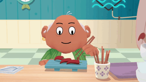 a cartoon character is eating food with chopsticks