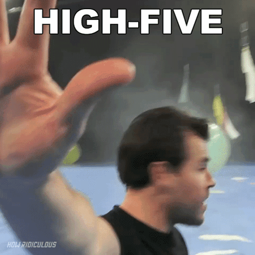 A man reaches up for a high five beneath “HIGH-FIVE.”