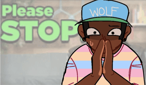 a cartoon of a man wearing a hat that says wolf on it