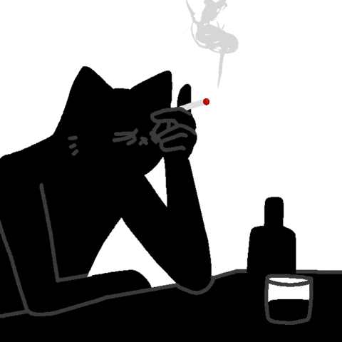 A black cat silhouette aims a small red dot near its face beside a drink.